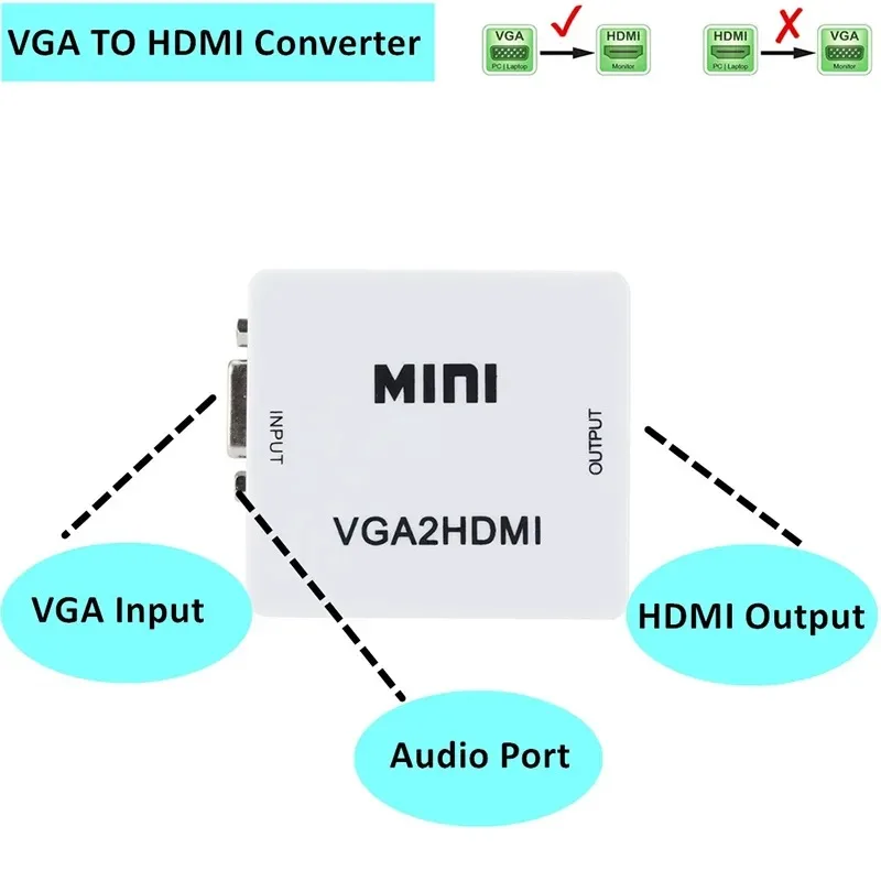 GRWIBEOU 1080P VGA 2 HDMI Audio Adapter Connector VGA2HDMI Mini VGA to HDMI Converter with Audio for PC Laptop to HDTV Projector