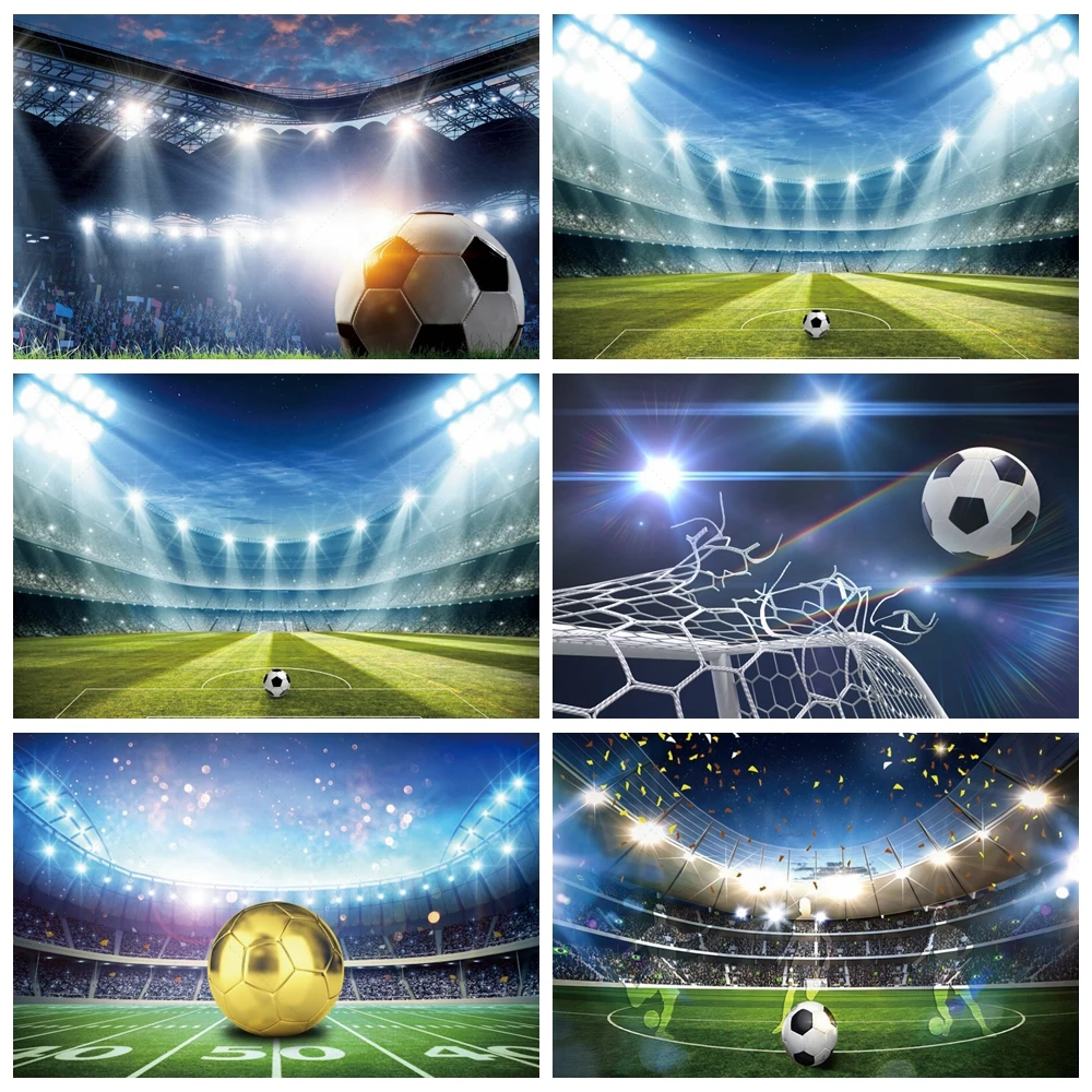 

Soccer Field Photography Shiny Spotlight Stadium Goal Champion Background Birthday Party Poster Photo Football Backdrop Custom