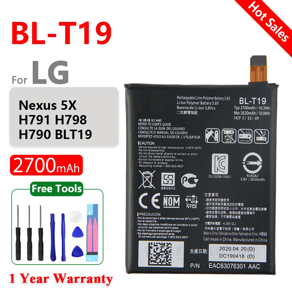 

Genuine BL-T19 2700mAh Replacement Battery For LG Nexus 5X H790 BLT19 H791 H798 T19 BLT19 Mobile phone Batteries+Free Tools