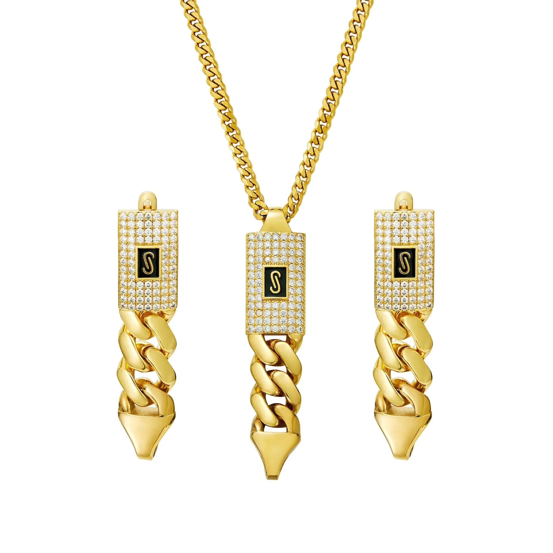 

Fashion Pop Ladies Jewelry Set Stainless Steel Micro-Inset Zircon Cuban Chain Pendant Earrings Necklace Hip Hop Accessories