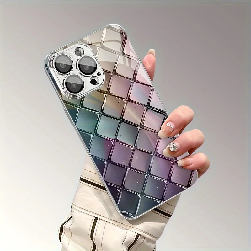 정교한 스테인드 글라스 질감의 다이아몬드 메쉬 패턴 전기 도금 유리 아이폰16 15 14 13 12프로맥스 폰 케이스
