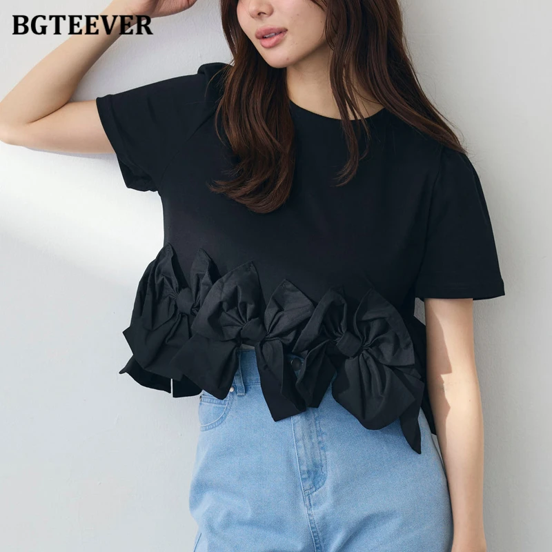 BGTEEVER Bow-tie Stretch Short-sleeved T-shirt for Women High-waisted  Solid Zippered Breathable Top