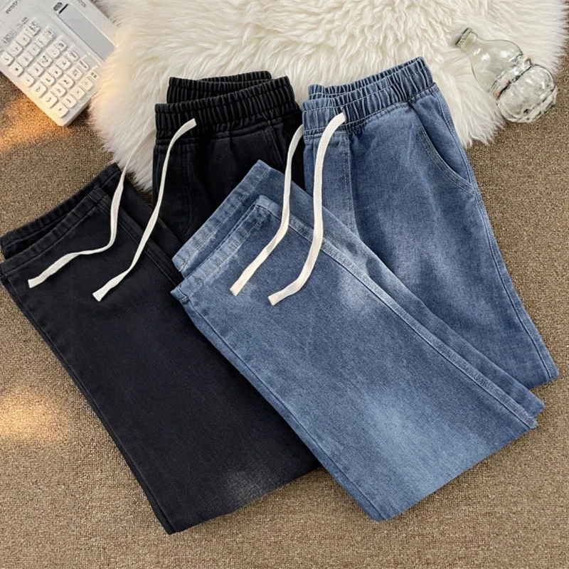 

Loose Wide Leg Men's Jeans Elastic Waist Straight Cut Waed Casual Comfortable Non Deformable Low Waist Dstring Trousers