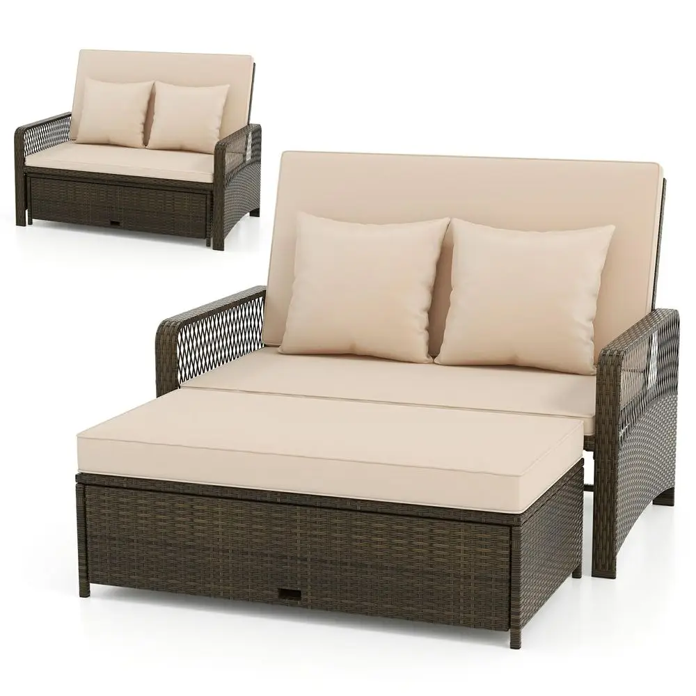 

Outdoor Daybed, PE Rattan Double Chaise Lounge w 4Level Adjustable Back, Storage Ottoman, Cushions amp Pillows, Separated Seati