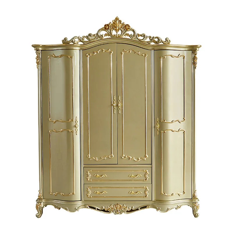 

European wardrobe, villa French court bedroom solid wood carving flower storage golden wardrobe