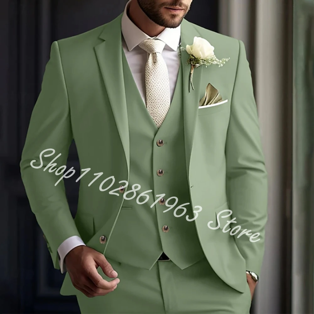 

Men's Wedding Business Suits Sage Summer Standard Fit 3 Pieces Single Breasted Groom Wedding Party Tuxedos Formal Costume Homme