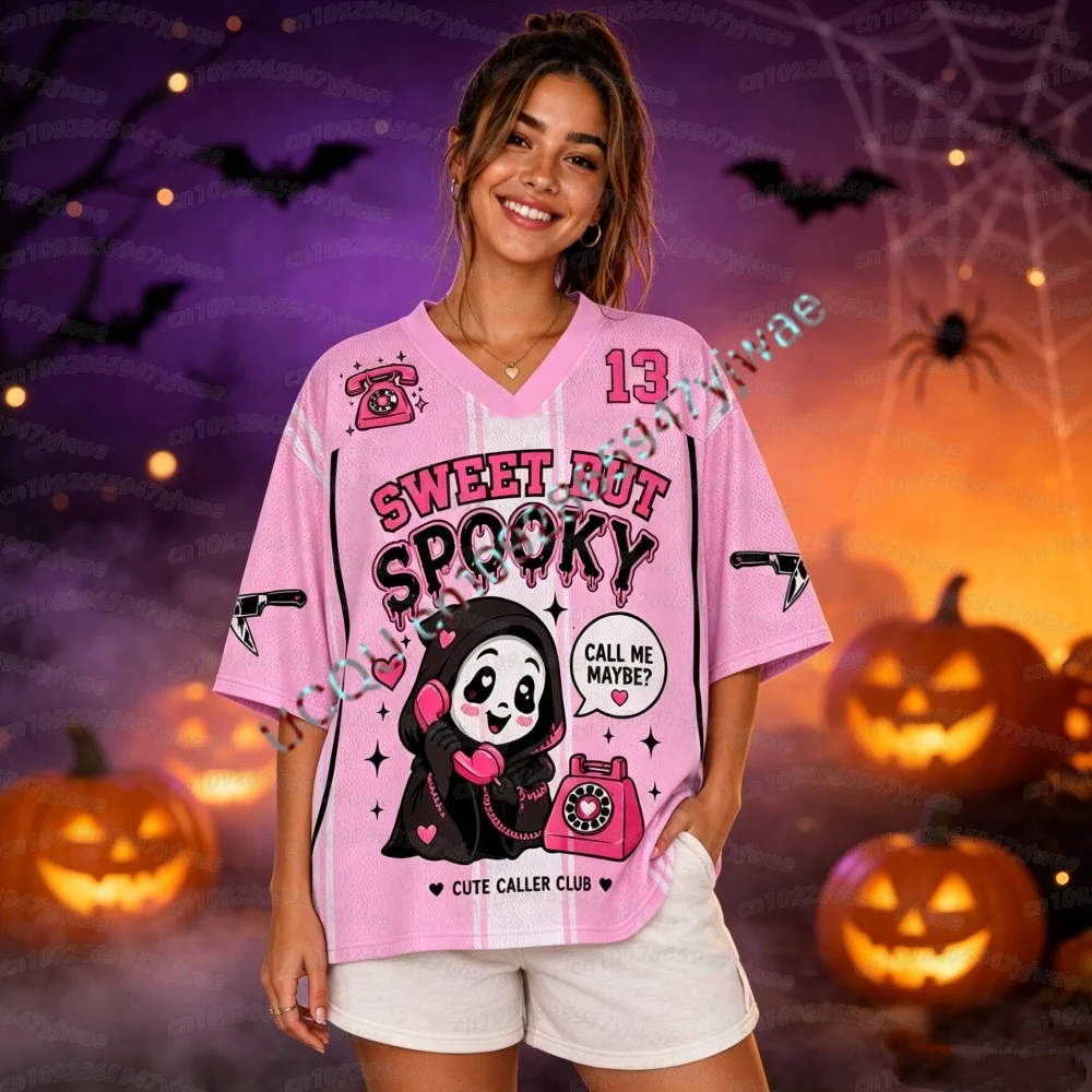 2026 Winter Women's Halloween Jersey Sweet But Spooky Jersey T-Shirt, Cute Ghost Phone Sports Tee Women Men T-Shirt