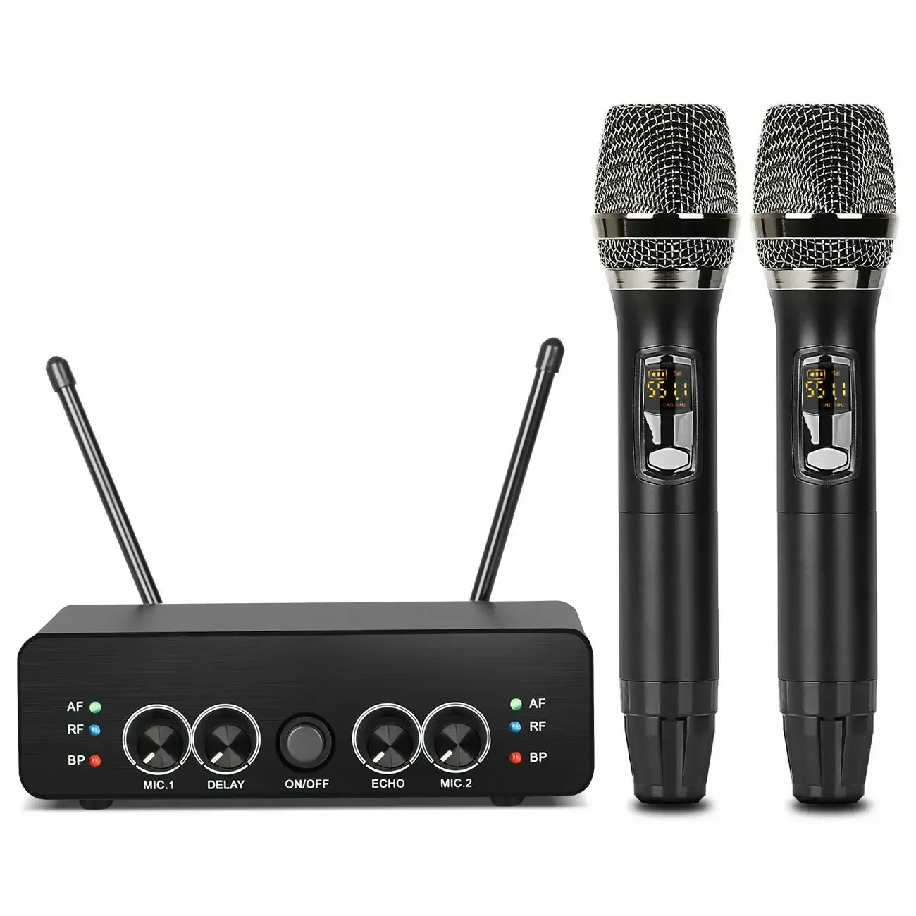 

2 Channel Wireless Microphone Dual Way Dynamic Mic Handheld System UHF Fixed Frequency for Karaoke Party