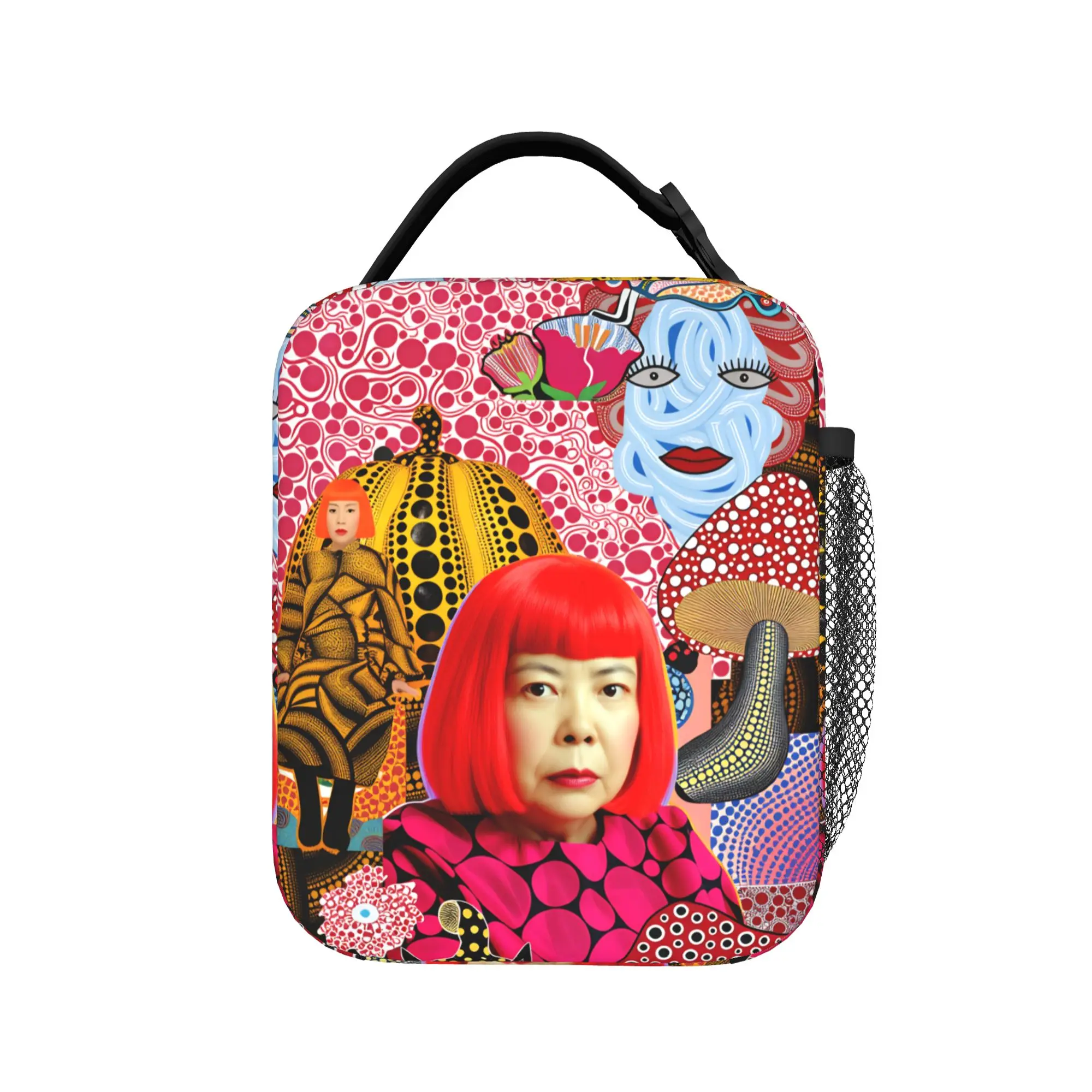 Yayoi Kusama Abstract Face Lunch Bag Kawaii Office Lunch Box Graphic Design Portable Insulated Cooler Bag