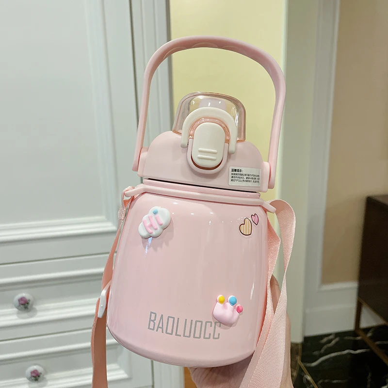 대용량 휴대용 보온병 빨대컵 여성용 고급스러운 디자인 어린이 학생용 보온병 베어 브랜드 한국 스타일 스테인리스 스틸