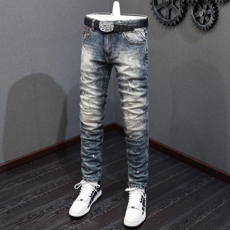 Fashion Vintage Men Jeans Retro Gray Blue Elastic Stretch Slim Fit Patched Ripped Jeans Men Painted Designer Denim Pants Hombre