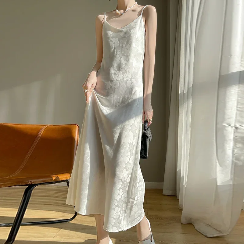 -платье ajustado con tirantes finos para mujer, falda larga de seda satinada con temperamento, элегантное, жаккардовое, Verano
