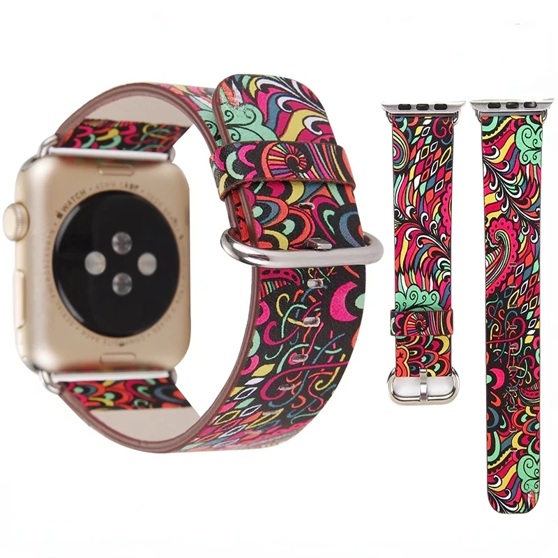 

Genuine Leather Strap for Apple Watch Band 49mm 45mm 41mm 44mm 40mm 42mm Flower Print Bracelet Belt iWatch Ultra 8 7 6 5 4 3 SE