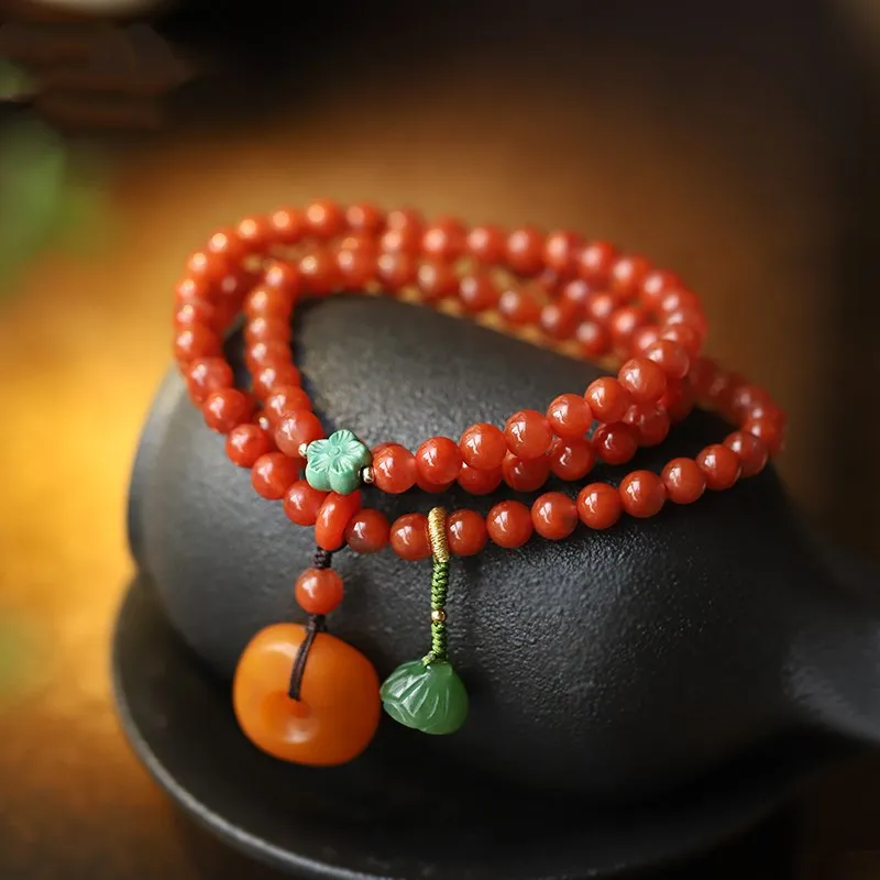 

Natural South Red Agate Beads 5mm Multi-circle Lotus Canopy Bracelet Women's Matching Beeswax Pendant Simple Elegant Handstring