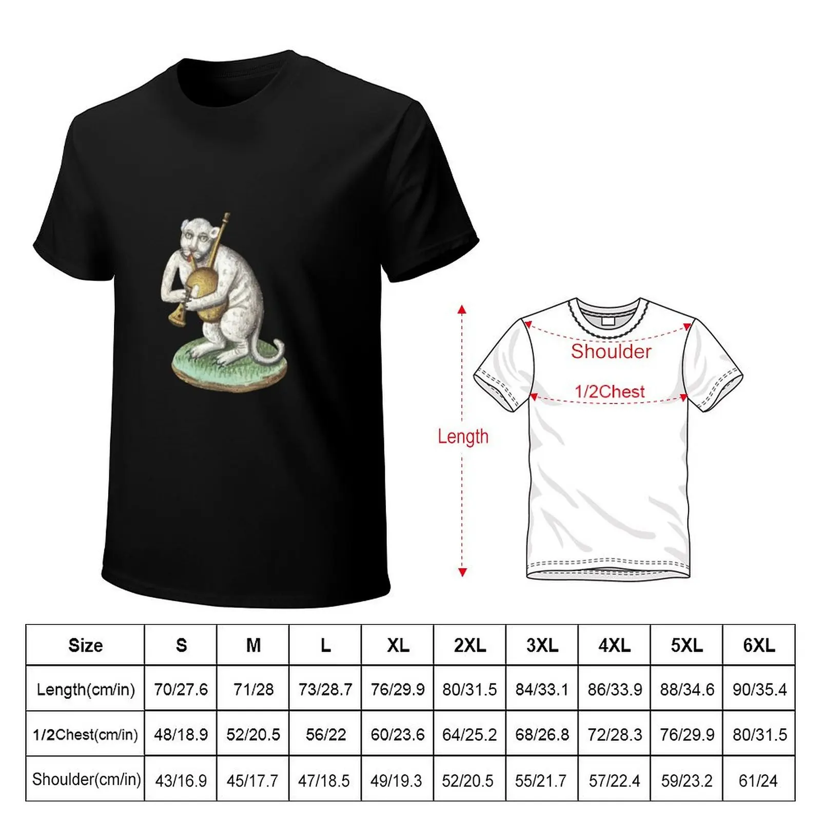 Medieval white cat leopard animal creature Playing Music - Middle Ages Art T-Shirt Fashion Casual Short Sleeve T-Shirt