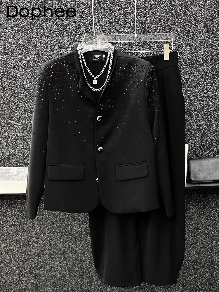 

High-end Hot Diamond Round Neck Jacket Sets Men's 2025 Spring Autumn New Handsome Small Fragrant Chic Jacket Wide Leg Pants Sets