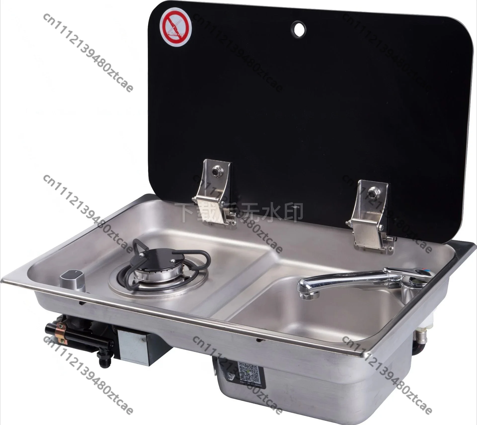 GR-903 Yacht Gas Stove, Tempered Glass Cover, Right Sink Combo, Marine RV Camper Gas Hob