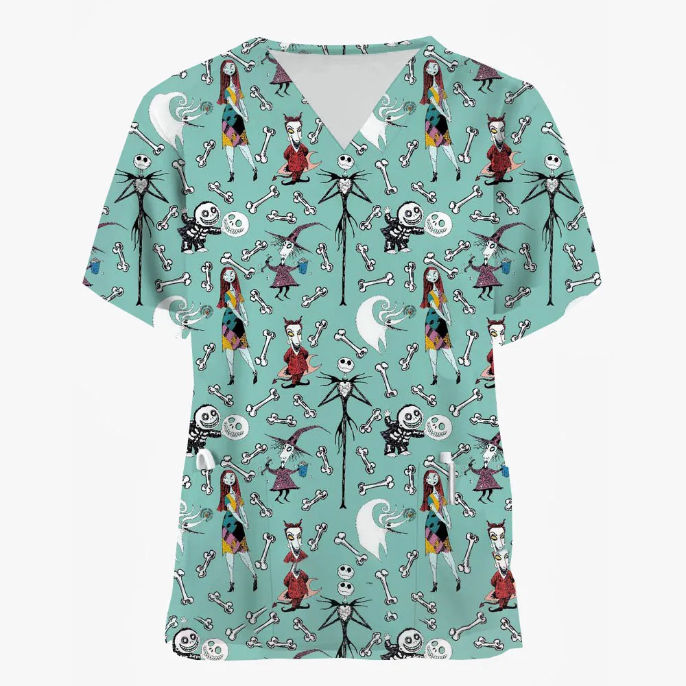 The Nightmare of Christmas Print Nurse Uniform Women Short Sleeve V-Neck Tops Healthcare Tunic Pocket Blouse Overalls Female Uni