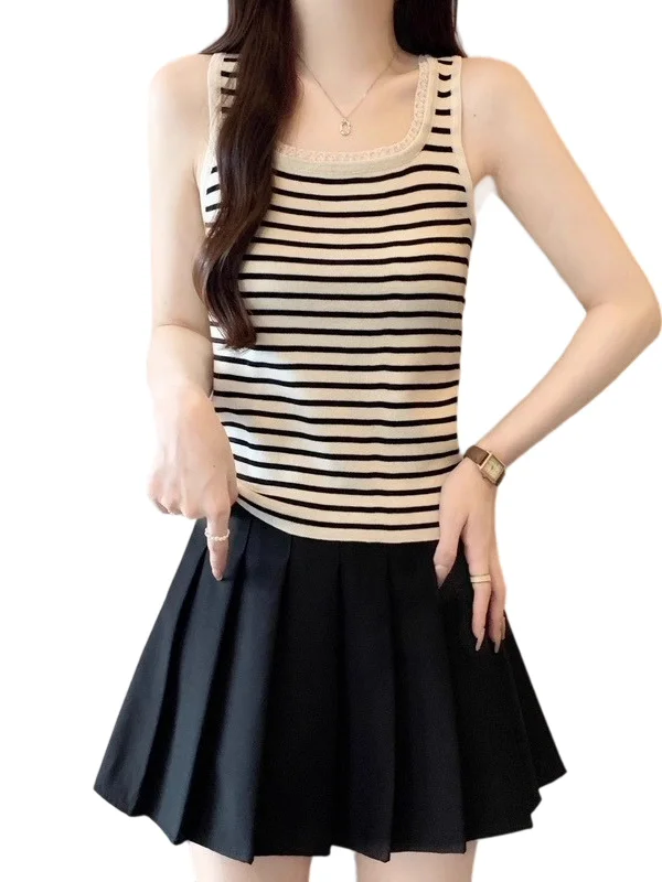 プラスサイズの女性のレーストリムスクエアカラースベルストラップベストアウターストライプトップ夏ファイオン通勤スルールーズフィット