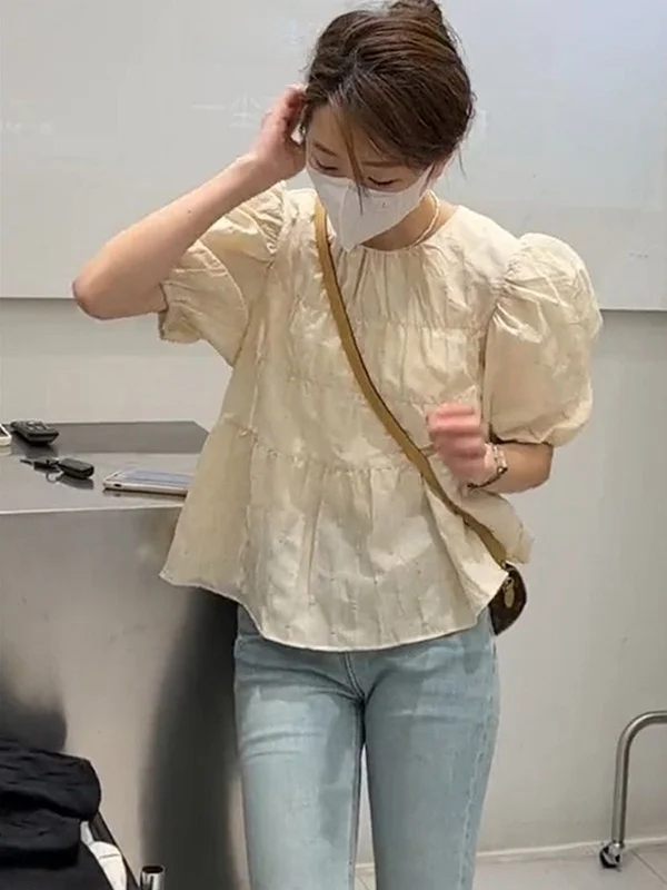 

Ele ort Sve Women's irt Summer New Bubble Sve Design Unique Chiffon Faionable Korean Sle Loose Fit Blouse