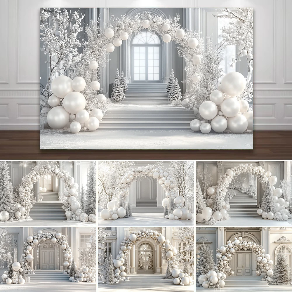 pano-de-fundo-fotografico-de-palacio-branco-baloes-prateados-arqueados-flor-adulto-casamento-maternidade-retrato-festa-de-aniversario-fundo-fotografico