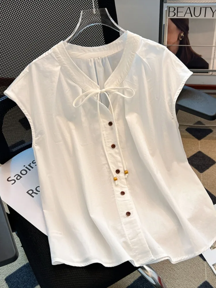 

V-Ne Svel irt Women Summer Ele Loose Simple Match Knot Tie Drapey Chiffon Top Commute Sle Button De...