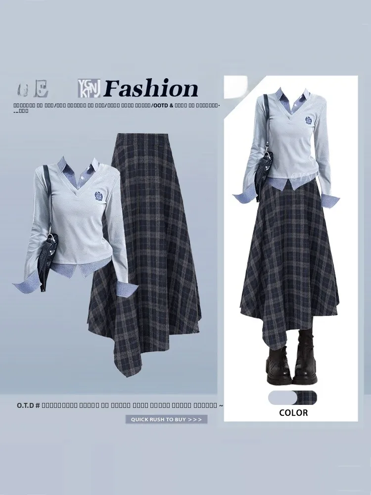 

Spring Faion Plaid Uneven Hem Long Sve Women's Skirt And Top Set High Waist Slimming Effect V-Ne Winter to Spring Tran...