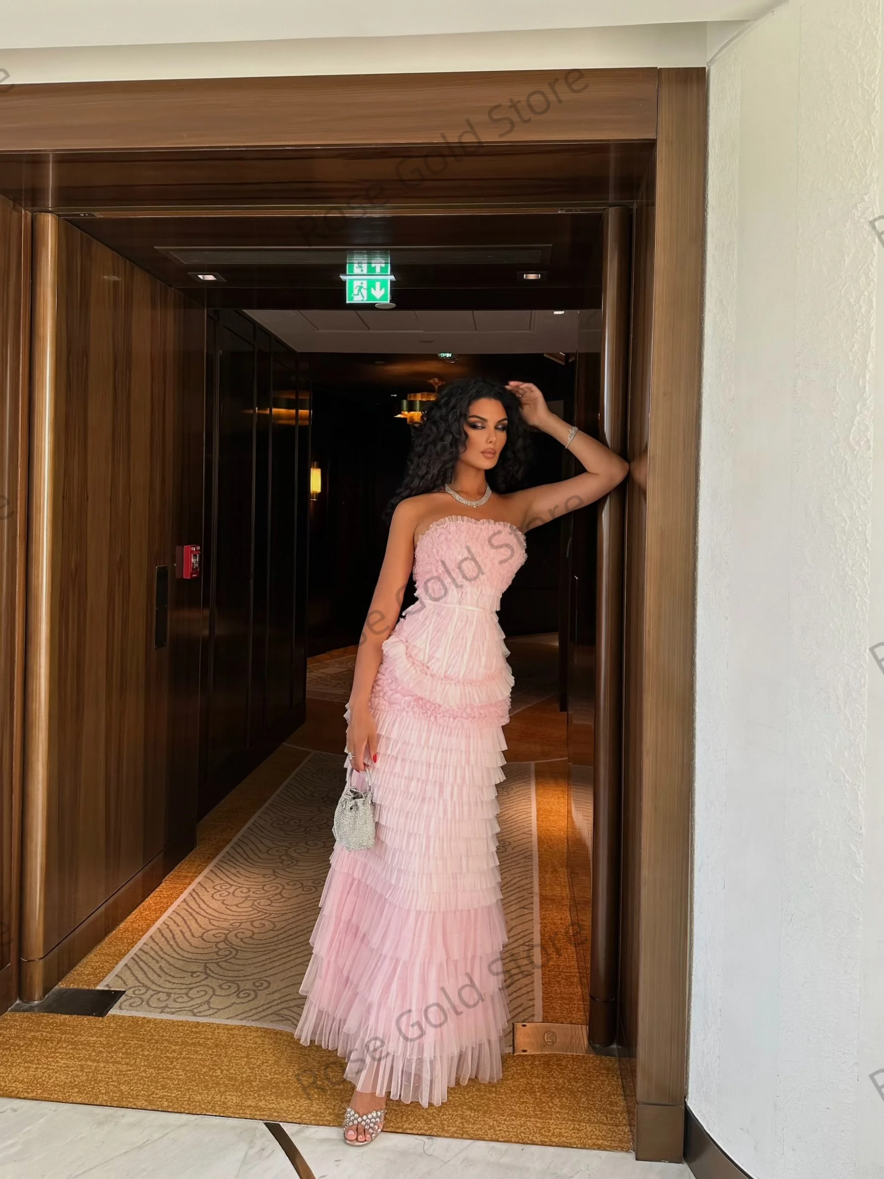 Illsuion Pink Evening Dress for Formal Occasion A Line Tiered Sleevless Robe de Soriee Customized Long Women Prom Gowns