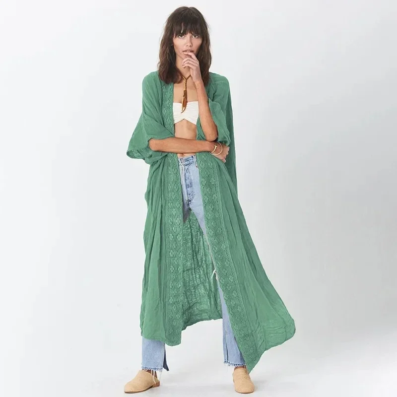 New European American Lace Cardigan Loose Oversized Beach Sunscreen Jacket Bikini Cover-up Swimsuit For Women Green