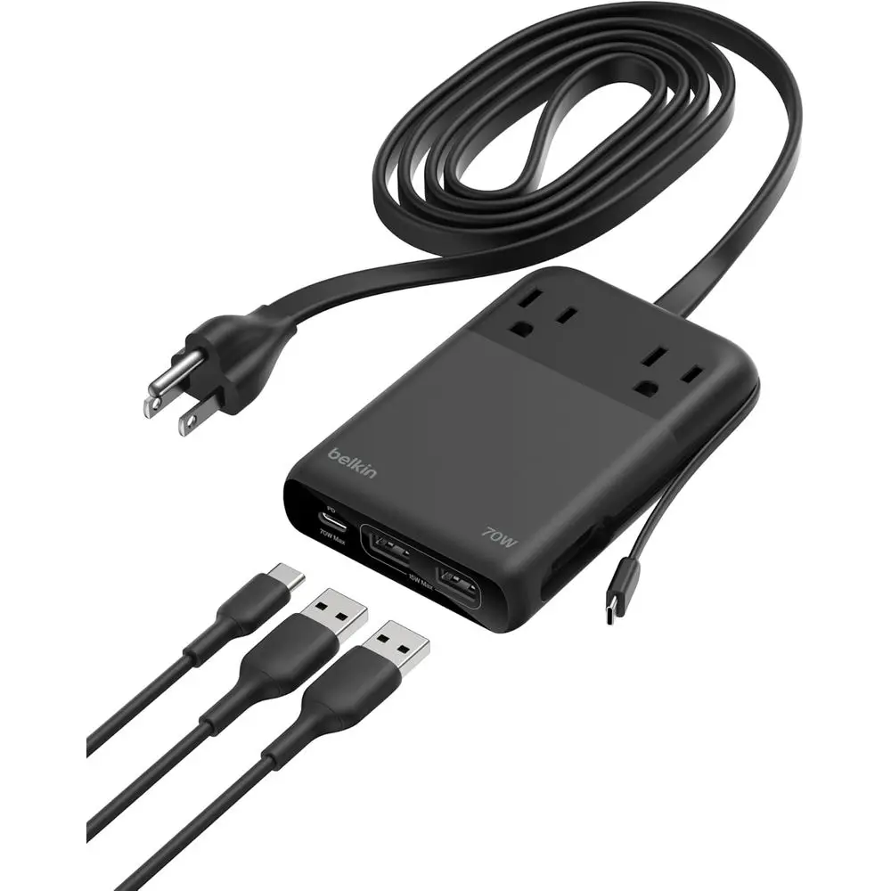 

60W 6-in-1 GaN Charging Station with 2 AC Outlets, 2 USB A Ports, and Integrated USB C Cable for Devices