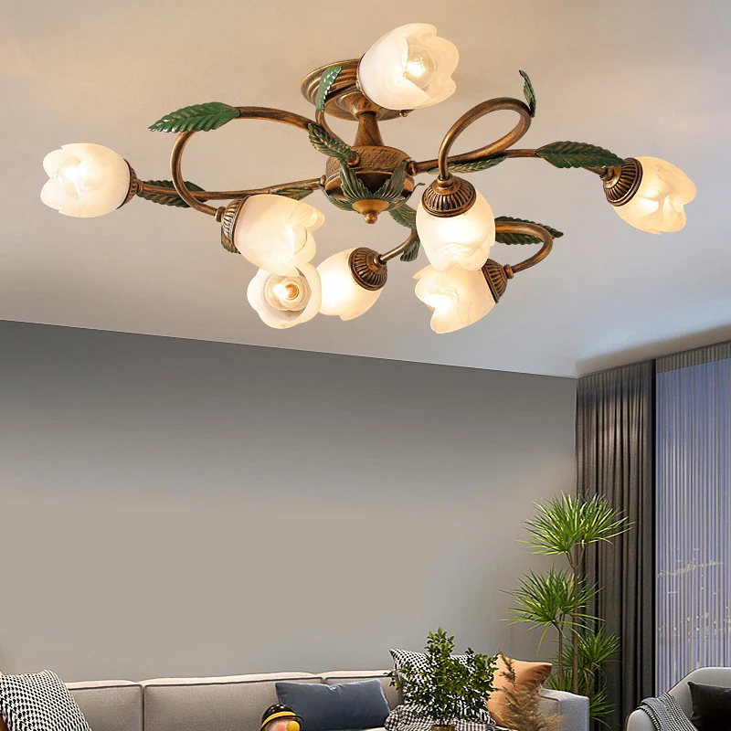 10-Heads French Romantic Country Flower Bedroom White Ceiling Lamp American Vintage Glass Villa Living Room Corridor Led Light