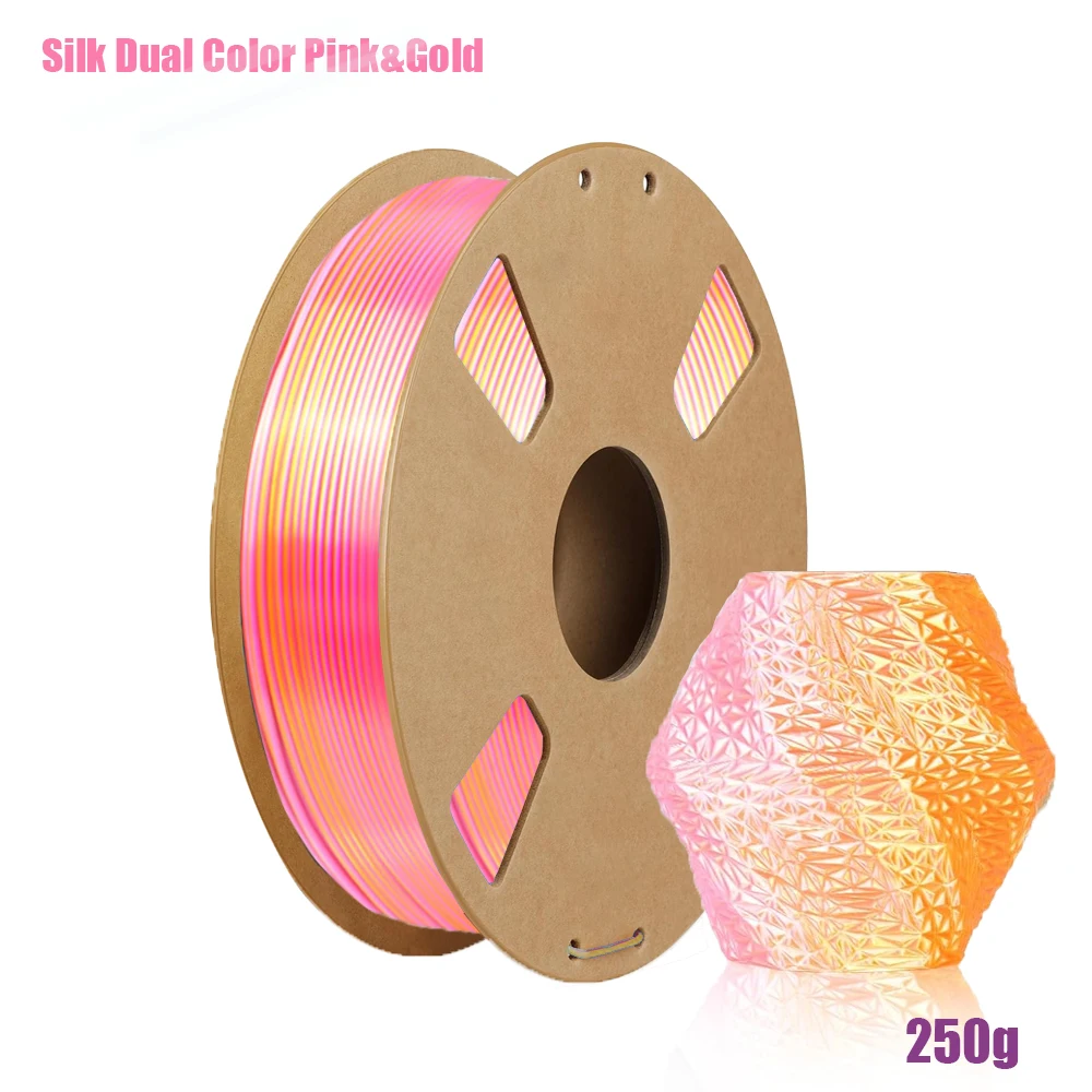 

Silk Dual Color PLA Filament 1.75mm, Shiny Texture, ±0.02mm Accuracy,200g/250g/500g/1000g Spool,Pink Gold