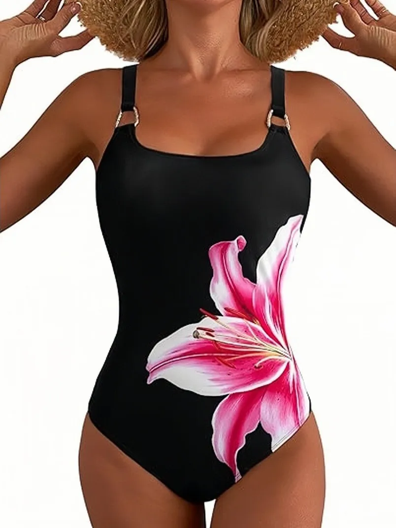 Women's 2026 Metal Buckle One Piece Square Neck Tummy Control Monokini Slimming Beach Swimsuit Summer Sling Bodysuit Tops Female