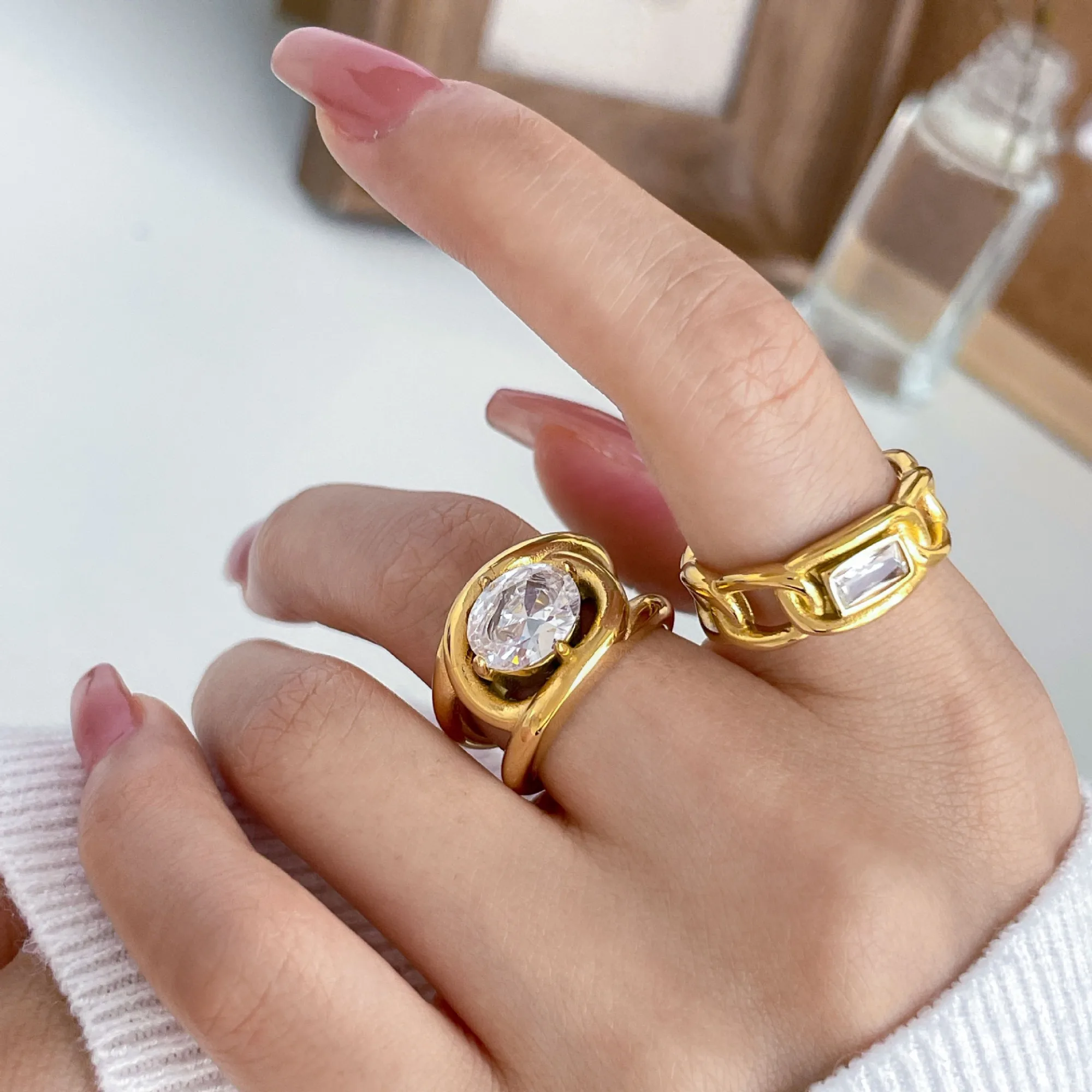 Big Oval Stone Statement Rings for Women Minimalist Dainty Boho 18k Gold Plated Stainless Steel Tarnish Free Jewelry Waterproof