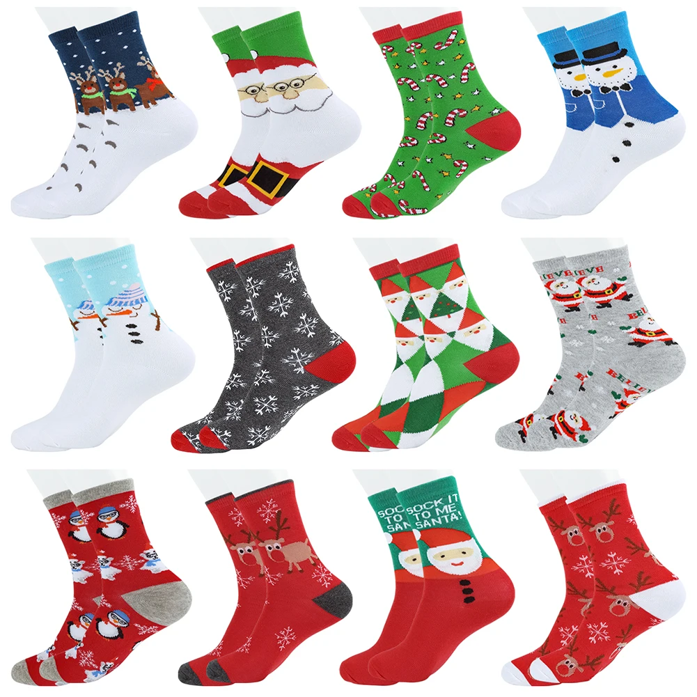 12 Pair Women's Christmas Socks Cotton Knit Crew Xmas Socks for Girls Winter Cozy Funny Women Christmas Socks Cute Novelty Gift