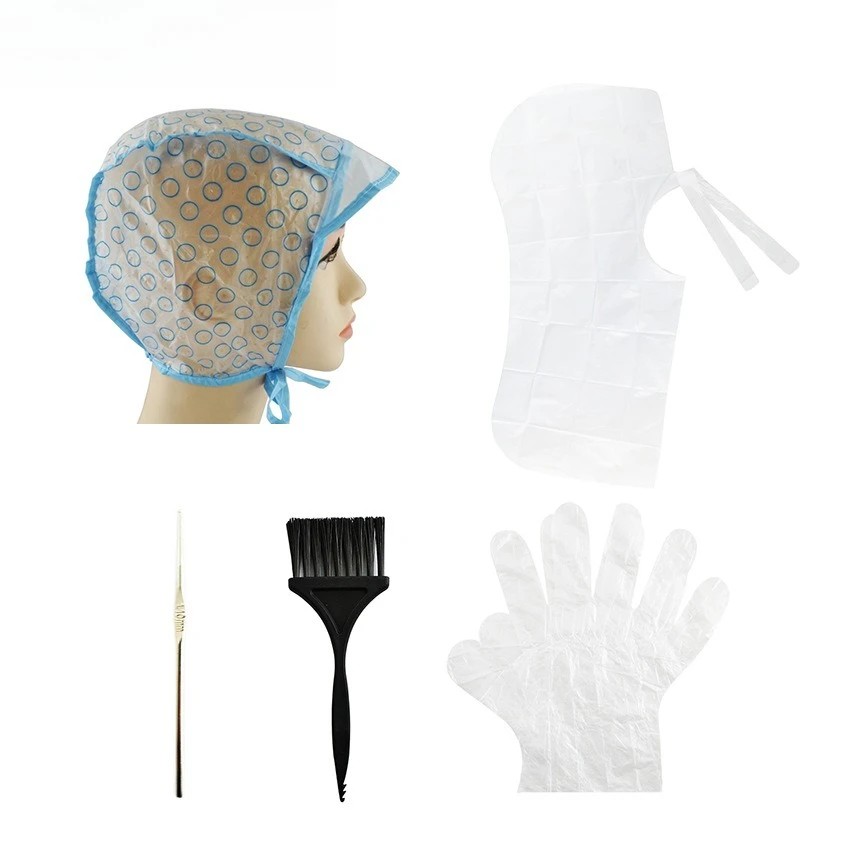 5pcs/Set Hair Highlighting Frosting Cap Hair Dye Cap Disposable Highlight Dyed Hat With Plastic Hook Hairdressing Coloring Tools