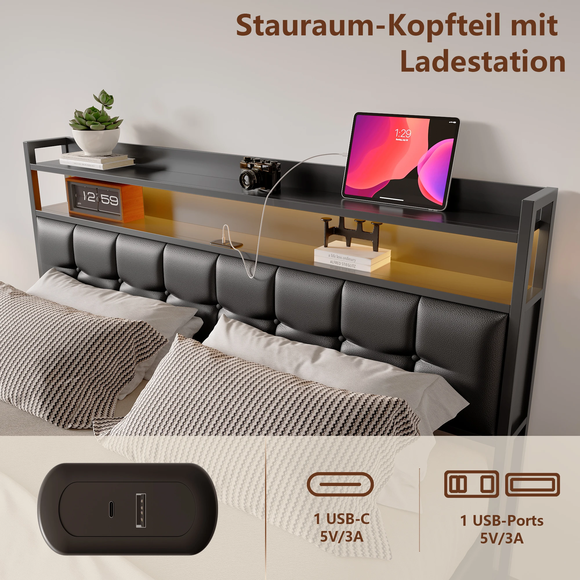 Comanlai 140x190cm Doppelbett-Gestell mit Polsterung, Pneumatischer Stauraum, LED-Beleuchtung, Ladeanschluss am Bett und Stauraum – Detail 4