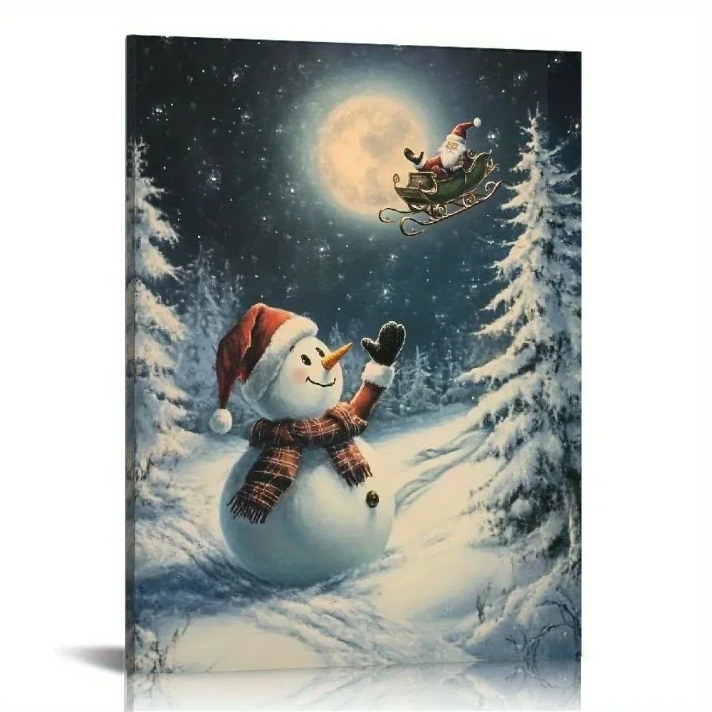 1 Piece Framed Oil Painting Style Canvas Wall Decoration - Snowman Suitable for Office Living Room Bedroom Dining Room