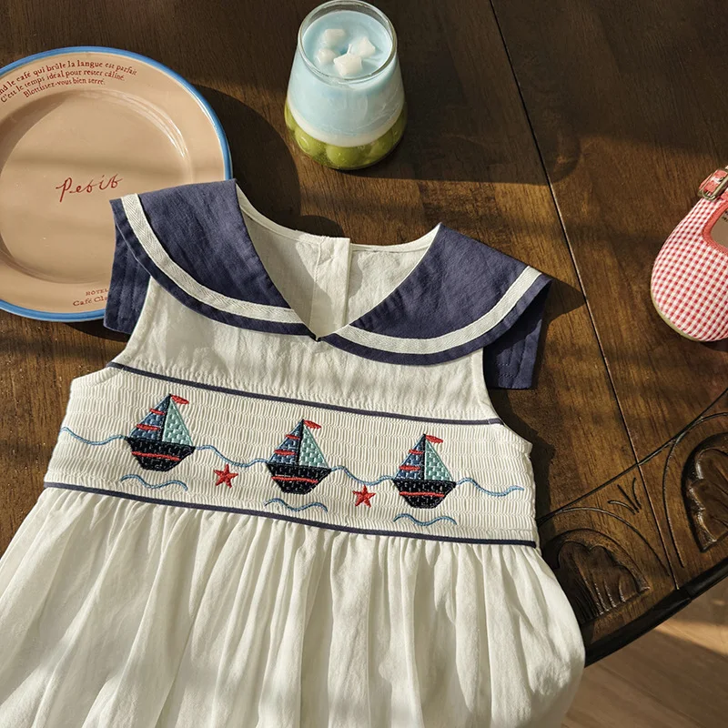 Navy Sailboat Embroidered Girls' Dress2026Summer style pleated cotton sleeveless collared children's dress in school style