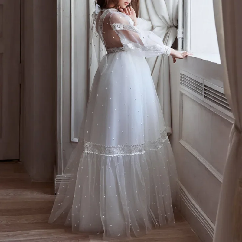 Robe de demoiselle d'honneur en dentelle, coupe trapèze, col rond, longueur au sol, pour mariage, première communion