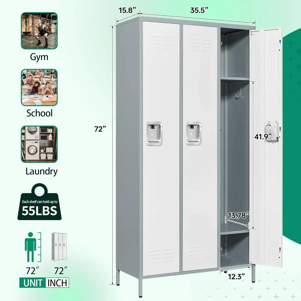 YQXH Casilleros de metal para empleados - Armario de almacenamiento de 3 puertas con estantes y gabinete de acero con cerradura para escuela, gimnasio, oficina