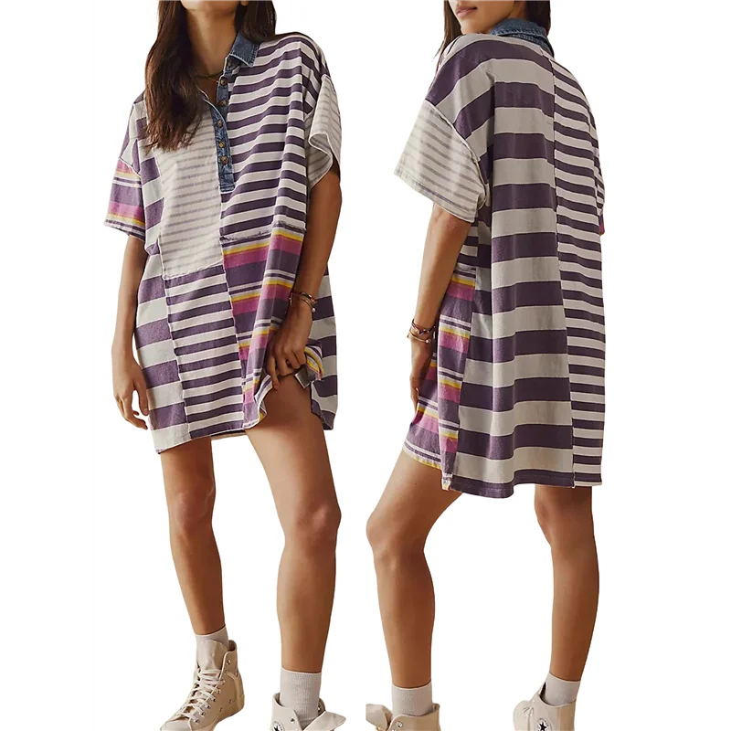 ABRT-여성 대비 스트라이프 Babydoll Y2k 여름 패치 워크 티셔츠 드레스 빈티지 V 넥 반소매 드레스