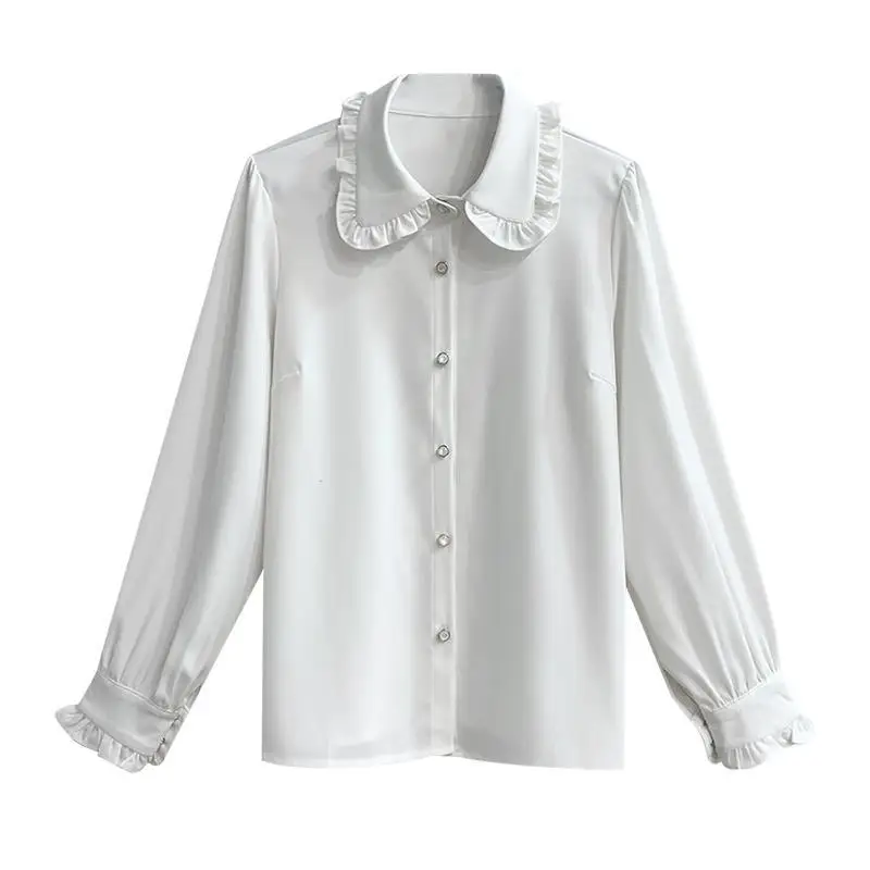 Camicia da gioventù bianca da donna da ufficio Top primavera autunno manica lunga stile preppy camicetta ampia moda abbigliamento donna coreana