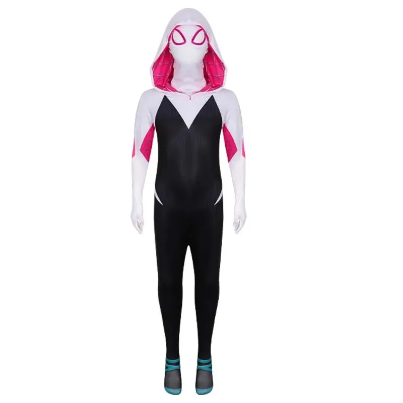 Kids Spider Gwen Cosplay Superhero Bodysuit Gwendolyn Maxine Stacy 3D Zentai Halloween Role Play Costume Hooded Mask Jumpsuitt