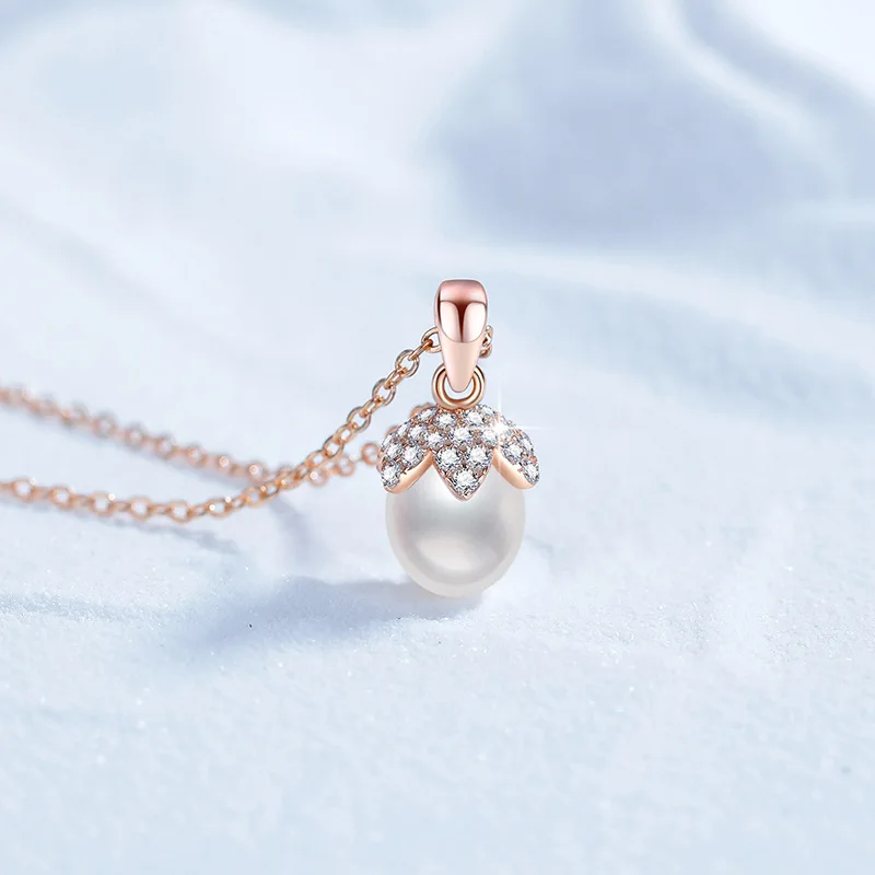 Platinum PT950 18K Gold Necklace, Strong Natural Freshwater Pendant, Flower Bud, Light Luxury Champagne Gold Lock Chain