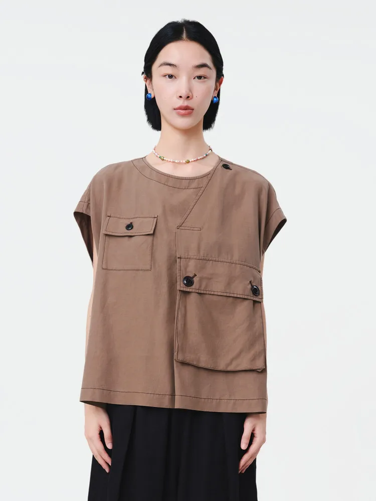 

MOVEUP Casual Oversize Sleeveless Round Neck Shirt 2026 Summer New Asymmetrical Pocket Drawstring Commuter Women's Top 125220707