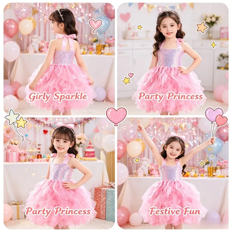 

Baby Girls Tutu Dress Double Layer Fluffy Princess Puff Skirt Kids New Year Birthday Party Stage Performance Mesh Formal Gown