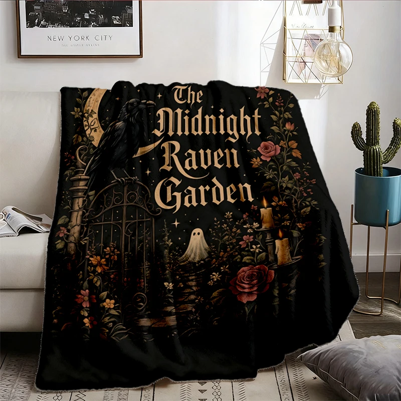 Midnight Raven Garden Comfy Blanket, Comfort Halloween Flannel Blanket, Gothic Raven Floral Flannel Throw, Dark Cottagec