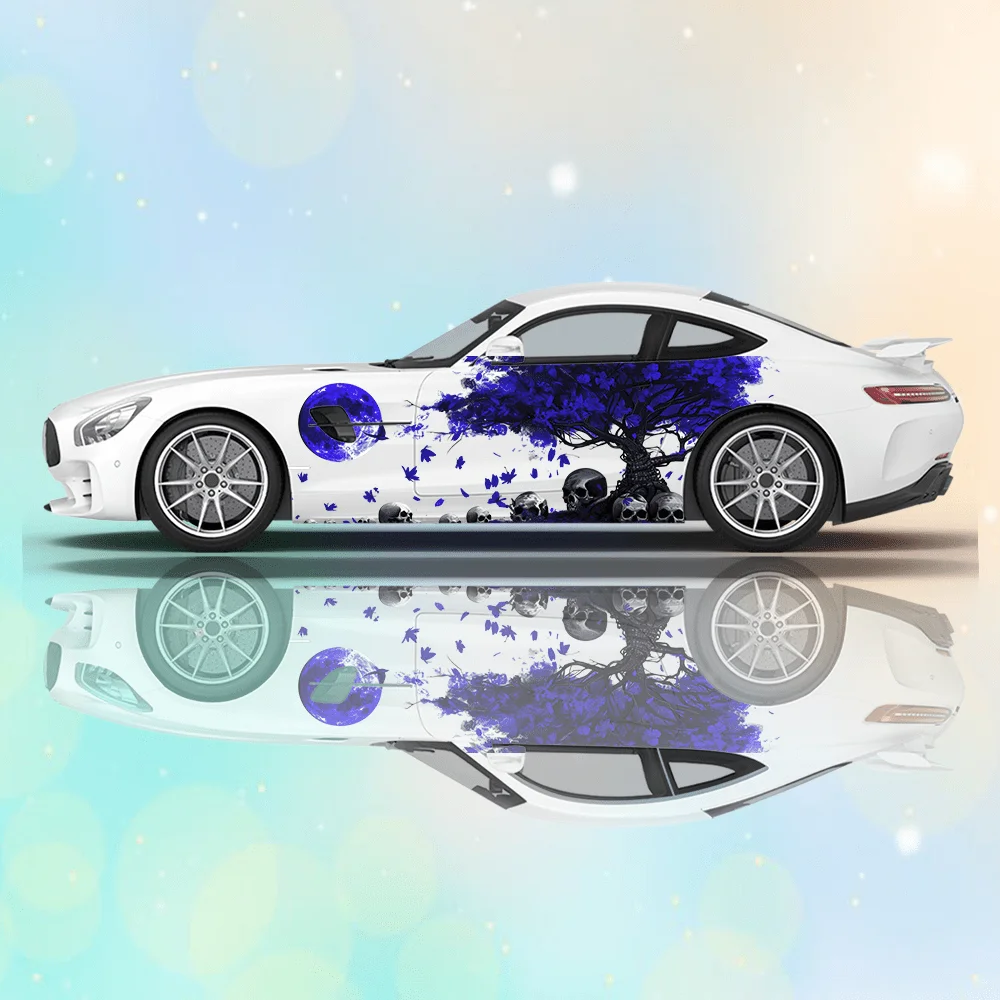 Purple Sakura Tree Skulls Car Vinyl Wraps Decal Self-adhesive PVC Sticker Suitable for Trucks SUV Decoration Auto Accessories