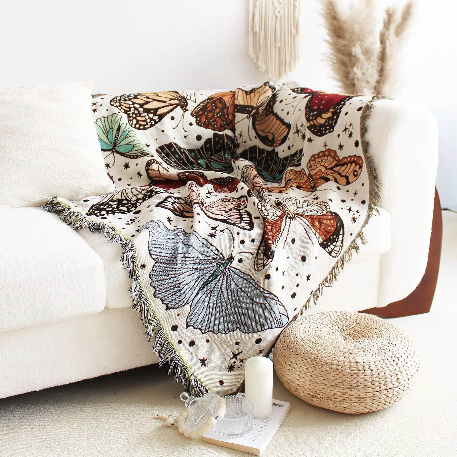 Butterflies Throw Blanket with Tassel for Home Decoration Chair Couch Sofa Bed Beach Travel Picnic Tapestry Shawl Cozy Cotton